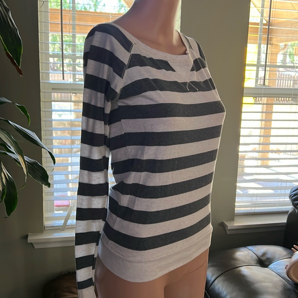 Women’s long sleeve Gray and tan striped shirt. Size S